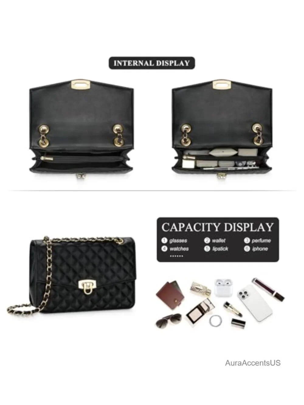 Vegan Leather Quilted Crossbody Bag with Chain Strap